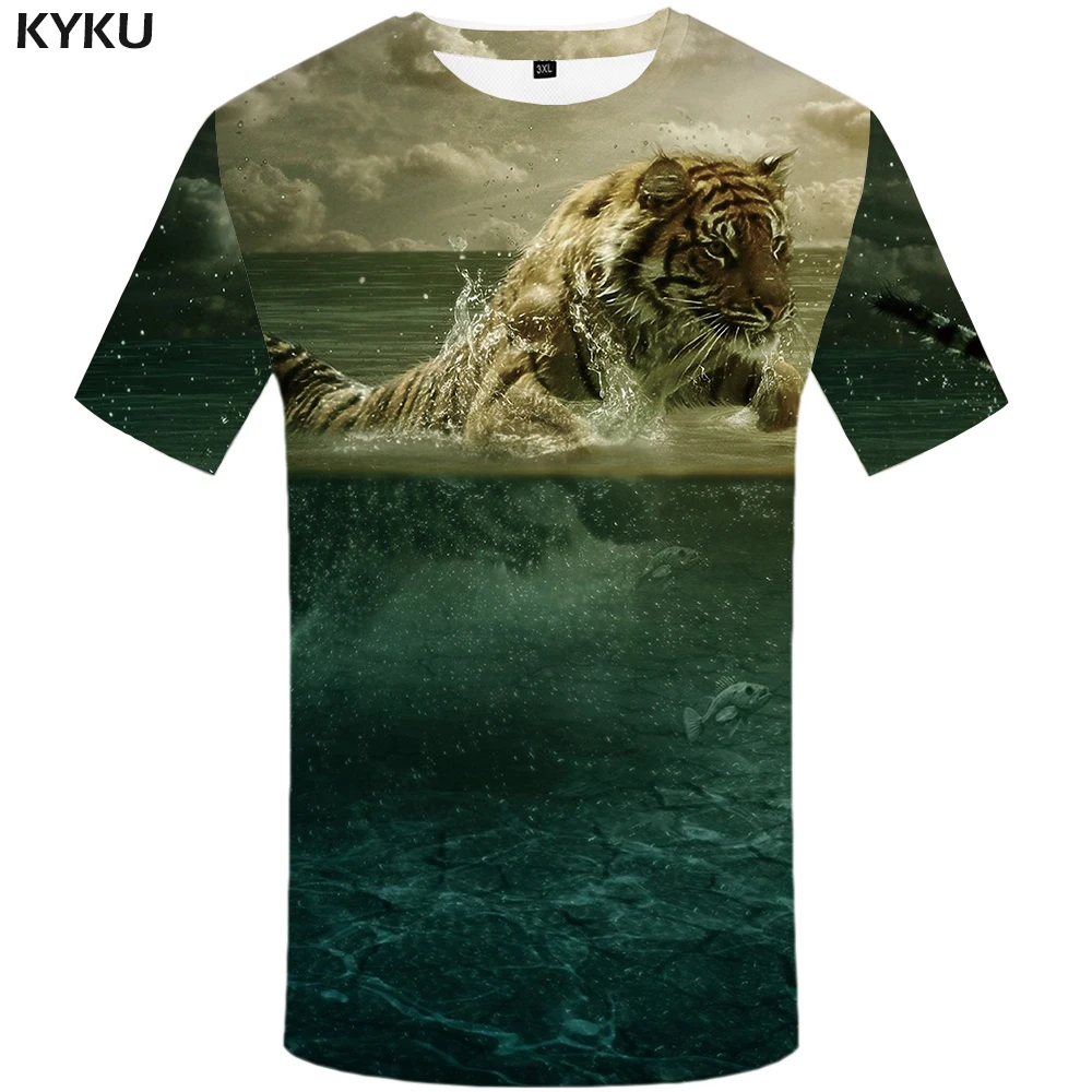 KYKU Tiger T shirt Water Clothes Cloud shirts Animal Plus Size Tshirt Clothing Men Print Hip hop Summer Homme | Мужская одежда