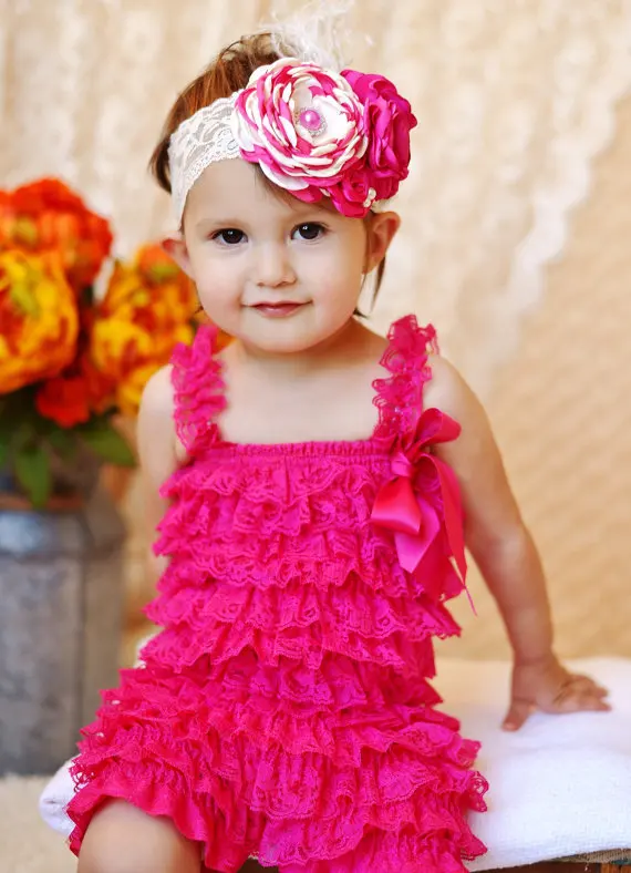 

Baby Hot Pink Lace Rompers Infant Girls Posh Petti Ruffles Romper with Strap Ribbon Bow and Flower Headband Set Newborn Jumpsuit
