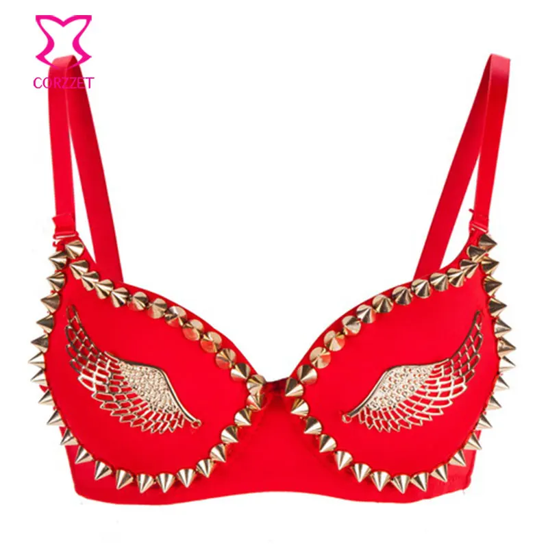 

Gold Stud Rivet Spike /Wings Red Steampunk Bralette Top Sexy Club Bra Push Up Exotic Bras For Women Underwear Dancewear Lingerie