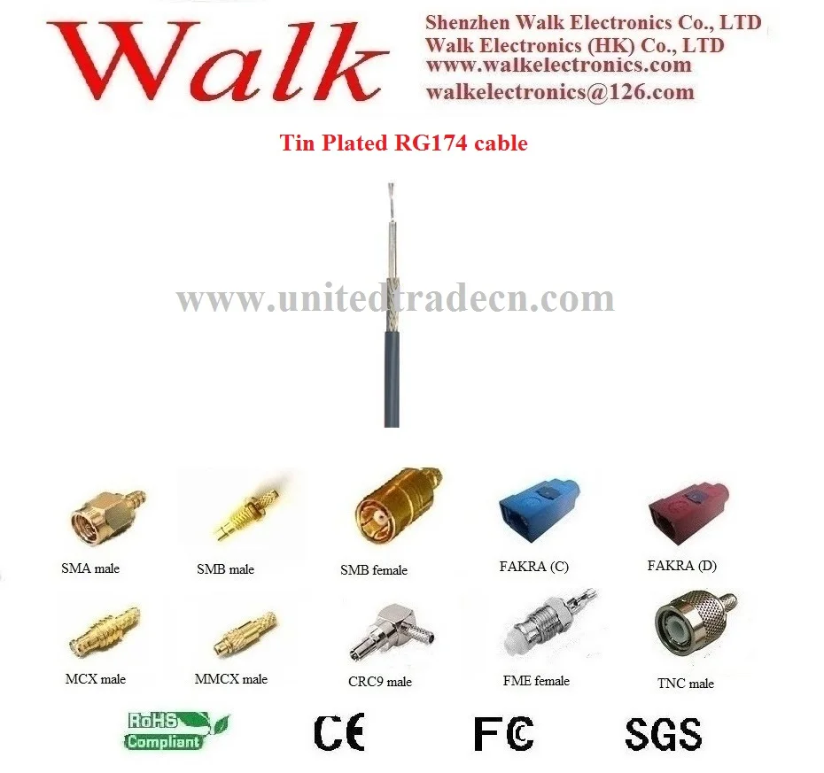 high quality RG174 cable for SMA, FME, FAKRA connectors, tin plated RG174 coaxial cable, 80 wires braid rg174 cable, 50ohm
high quality RG174 cable for SMA, FME, FAKRA connectors, tin plated RG174 coaxial cable, 80 wires braid rg174 cable, 50ohm