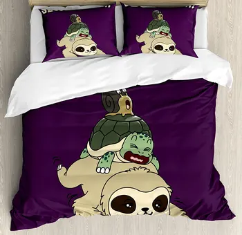 Sloth Duvet Cover Set Funny Cartoon Scenery with Sloth Turtle Snail on Top of Each Other Slow Down Phrase 4 Piece Bedding Set
Sloth Duvet Cover Set Funny Cartoon Scenery with Sloth Turtle Snail on Top of Each Other Slow Down Phrase 4 Piece Bedding Set