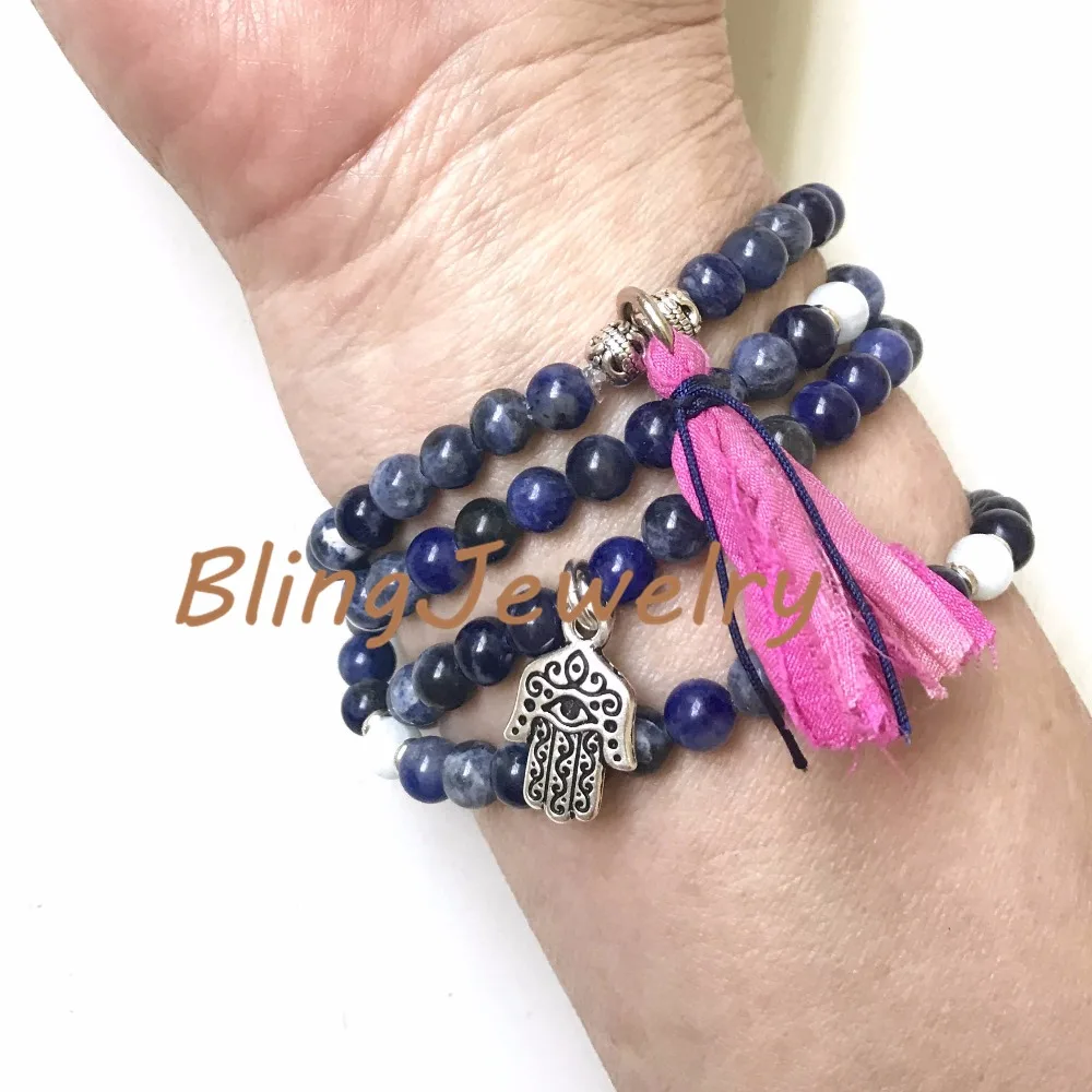 N17082543 Sodalite Mala Bead Wrap Bracelet, Mala Necklace For Self Acceptance, Aquamarine Mala, 108 Mala Bead On Stretch Cord, Sari Silk Tassel Mala6 (9)