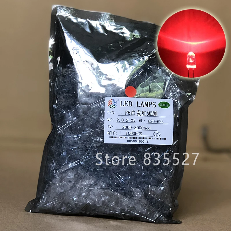 1000pcs / LOT F5 5MM Round LED Water and Clear Red Super Bright LED light emitting diode Kit DIP Lamp beads
1000pcs / LOT F5 5MM Round LED Water and Clear Red Super Bright LED light emitting diode Kit DIP Lamp beads