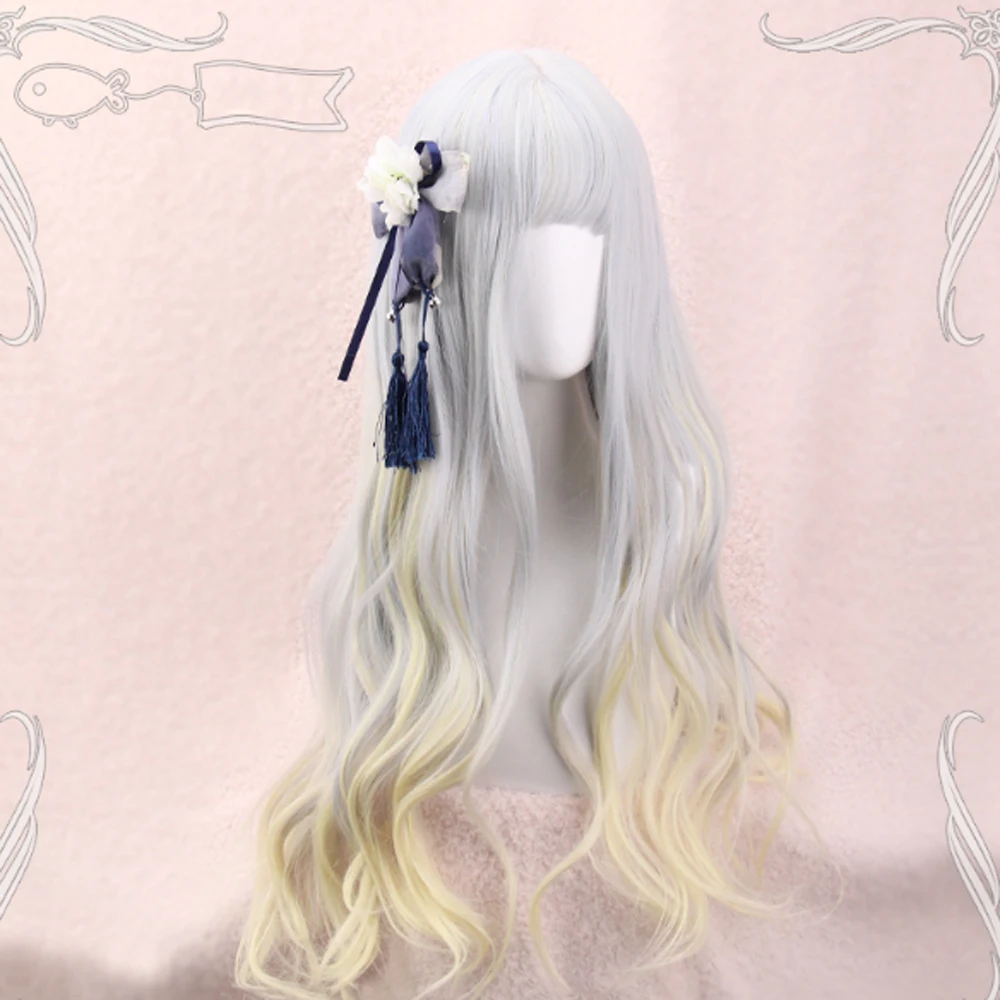 

Harajuku 70CM Long White Mixed Blonde Ombre Wavy Anime Bangs Women Cosplay Full Wig+Wig Cap Heat Resistant H762360
