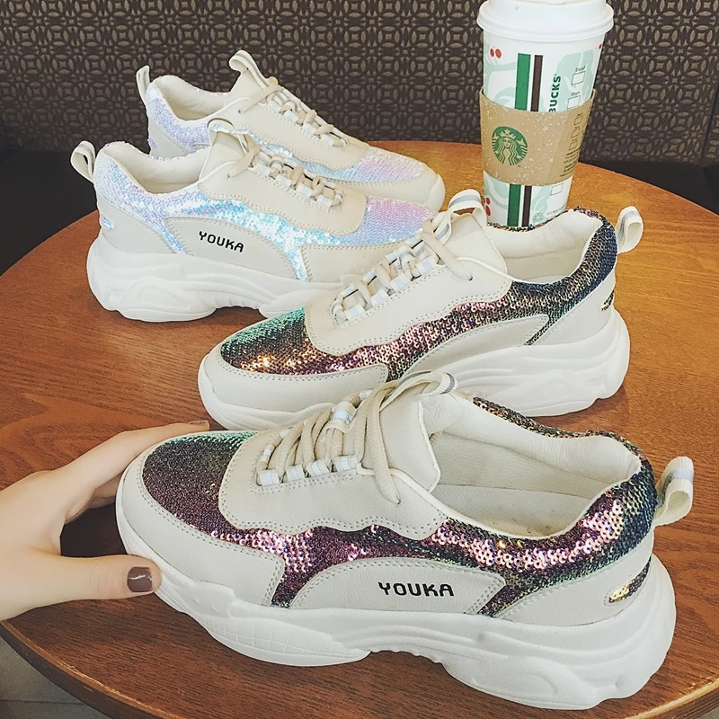 2019 new Korean sequins old shoes female Harajuku wild casual running shoes