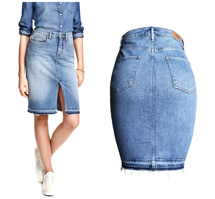 Tide section, raw hem, split skirt, washed white high waist denim skirt (3)