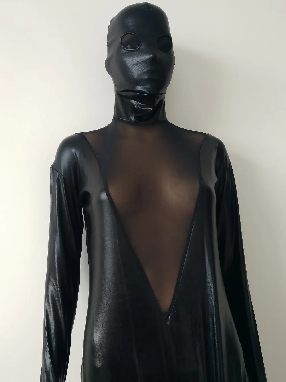 

Fashion black metallic with V-type mesh full bodysuit zentai Unisex Lycra Spandex Zentai Body Suit Headless Fancy Dress Catsuit