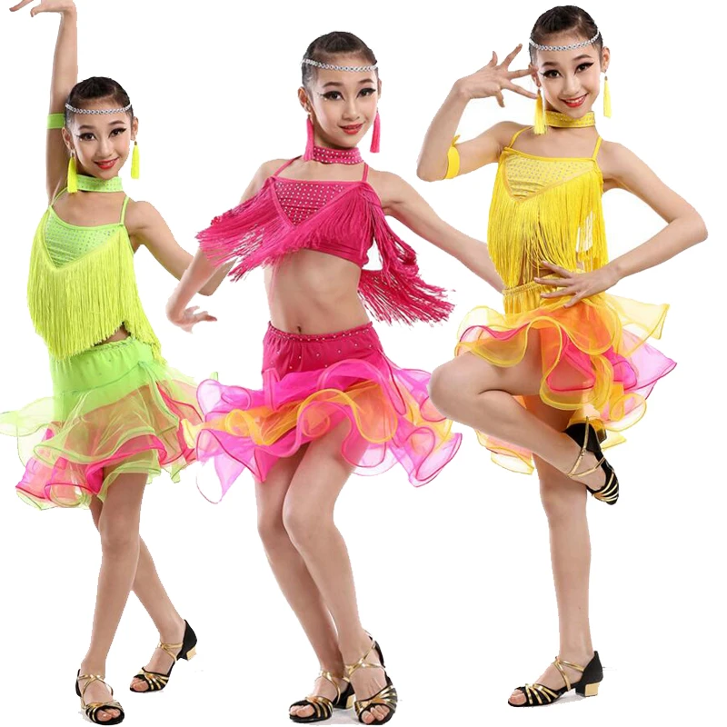 Children Ballroom Latin Dancing Dress Girl Salsa Stage wear Tassels Dance Costume Kids Skating Costumes Outfits | Тематическая