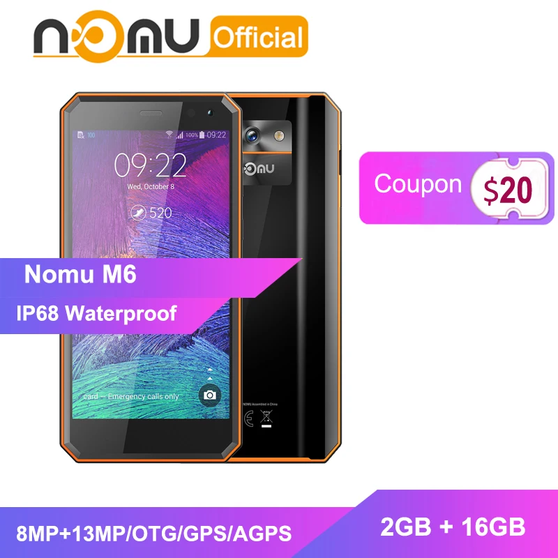 

Nomu M6 IP68 Smartphone MTK6737 5.0"HD Quad Core 13MP 3000mAh Quick Charge 2GB+16GB Mobile Phone Waterproof Shockproof cellphone
