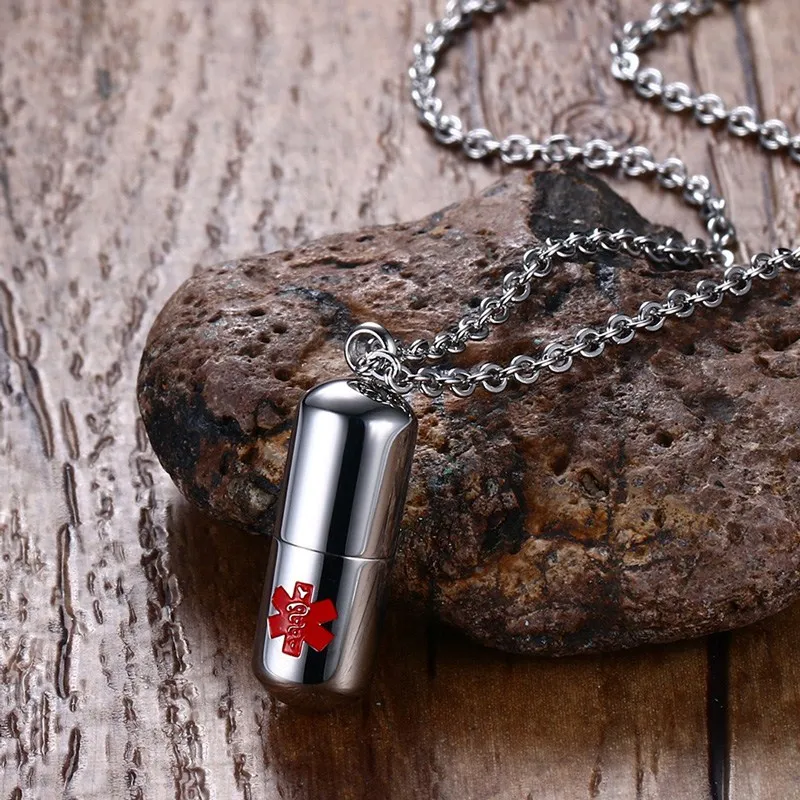 Stainless Steel Pills Capsule Cremation Ash Urns Necklaces with Medical Alert Sign Secret Compartment Box
Stainless Steel Pills Capsule Cremation Ash Urns Necklaces with Medical Alert Sign Secret Compartment Box