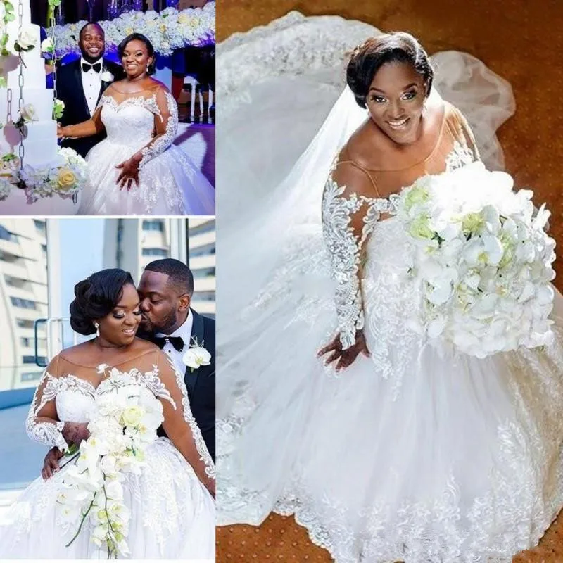 Saudi Arabic Plus Size Wedding Dress Sheer Neckline Lace Appliques Long Sleeves Wedding Dress Bridal Gowns A Line Long Train
Saudi Arabic Plus Size Wedding Dress Sheer Neckline Lace Appliques Long Sleeves Wedding Dress Bridal Gowns A Line Long Train