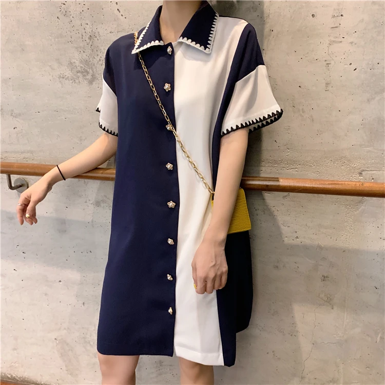 Korean Patchwork Contrast Block Pearls Single Breasted Button Loose Dress Ladies Vintage Cute Casual Short Sleeve Cute Top Blusa
Korean Patchwork Contrast Block Pearls Single Breasted Button Loose Dress Ladies Vintage Cute Casual Short Sleeve Cute Top Blusa