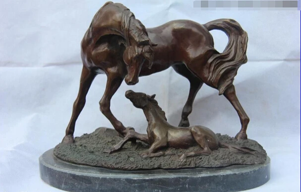 S1608 Classic Bronze Sculpture Mother and Child Small Horse Art statue base of Marble D0318