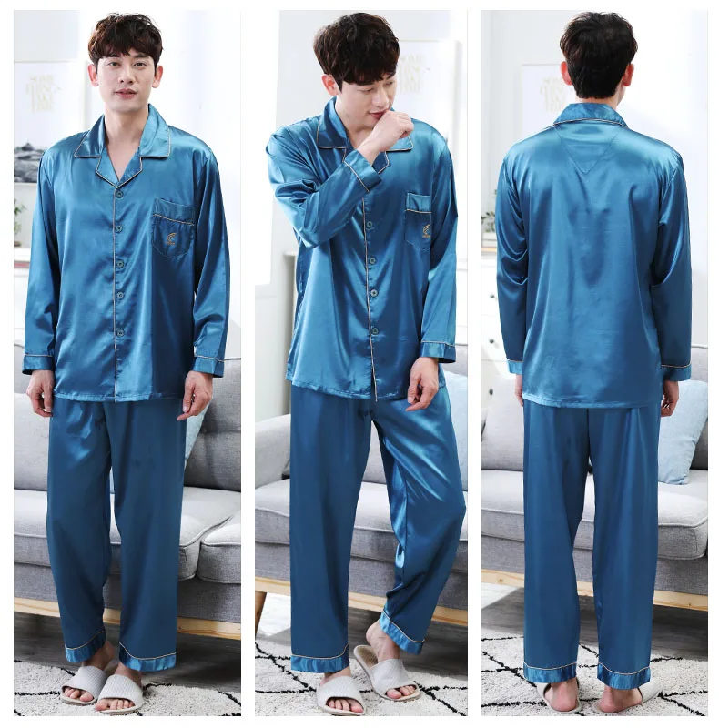 CherLemon High Quality Silk Men Pajamas Sleepwear Long-Sleeved Silk Satin Nightwear Soft Spring Autumn Pyjamas Plus Size M-4XL 40