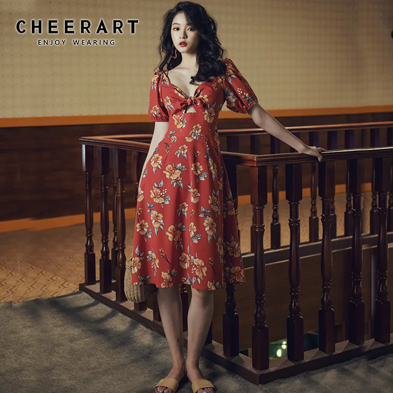 Cheerart Vintage Summer Beach Dress Deep V Neck Chiffon Floral Backless Dress Women Tunic Bow Tie Red Sundress 2019
Cheerart Vintage Summer Beach Dress Deep V Neck Chiffon Floral Backless Dress Women Tunic Bow Tie Red Sundress 2019