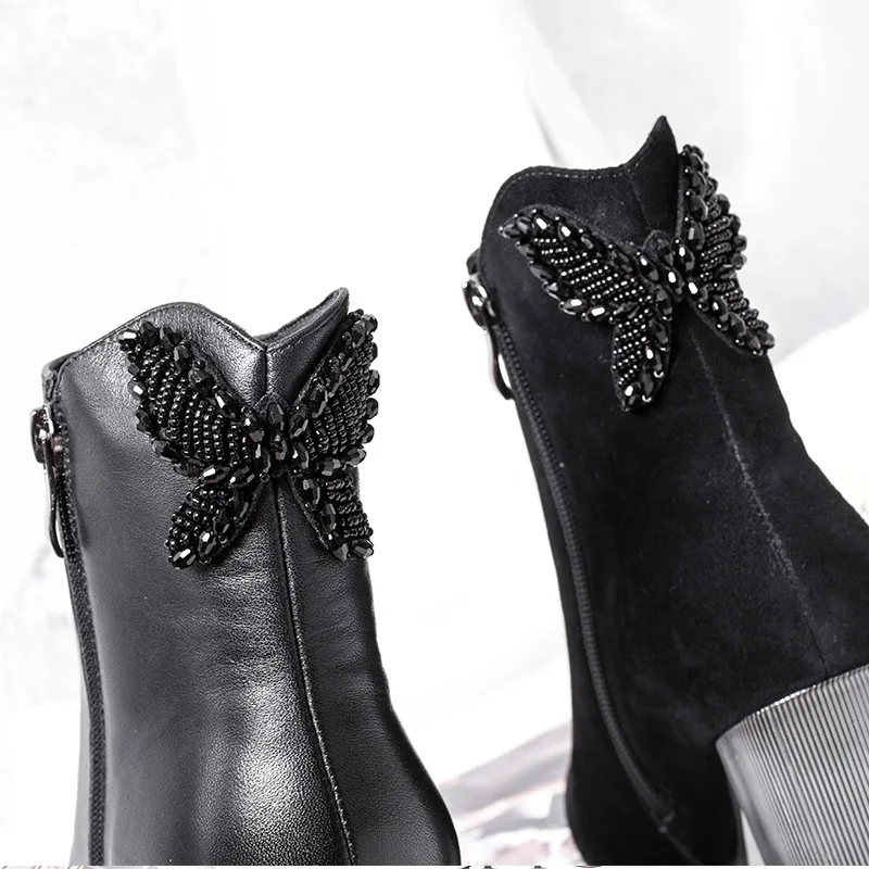 BELISS new design ankle boots for women high heels boots ladies butterfly sexy genuine leather pointed toe (1 (15)