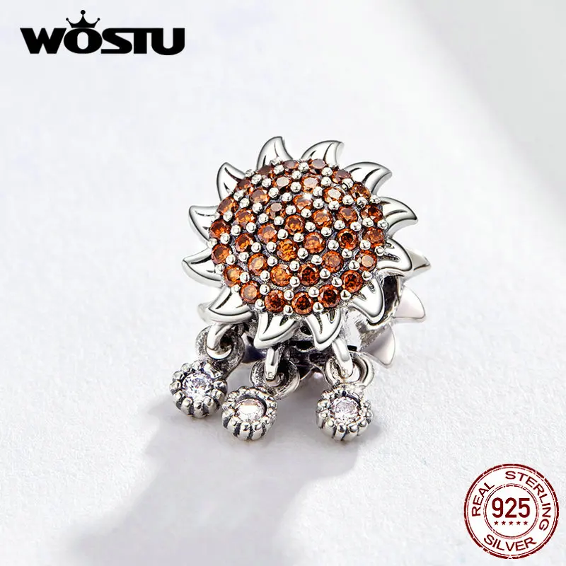 

WOSTU Sunflower Crystal Dangle Charm 925 Sterling Silver Enamel Stone Beads Fit Original Bracelet Pendant Jewelry Making FIC1190