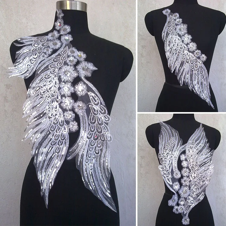 13*29-14*45-16*50cm large white and silver sequined paillette embroidery feather wing sew-on patch applique for clothes DIY
13*29-14*45-16*50cm large white and silver sequined paillette embroidery feather wing sew-on patch applique for clothes DIY