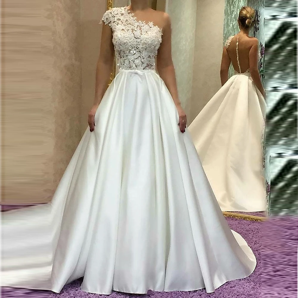 A-Line Illusion One Shoulder Elegant Satin Wedding Dresses Beaded Lace Applique Wedding Gowns For Bride Formal 2019 Floor Length
A-Line Illusion One Shoulder Elegant Satin Wedding Dresses Beaded Lace Applique Wedding Gowns For Bride Formal 2019 Floor Length