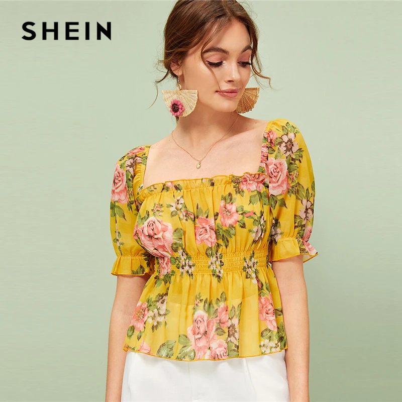 

SHEIN Floral Print Frill Trim Peplum Top Women Summer Flared Shirred Blouses Boho Ginger Ruffle Hem Womens Tops and Blouses