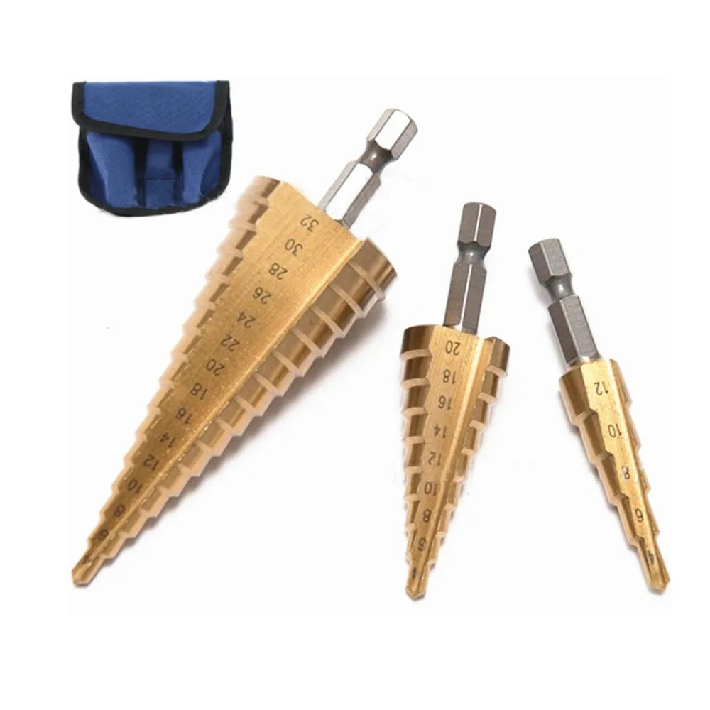 3Pcs Metric Spiral Flute Step HSS Steel 4241 Cone Titanium Coated Drill Bits Tool Set Hole Cutter 4-12/ 20/ 32mm
3Pcs Metric Spiral Flute Step HSS Steel 4241 Cone Titanium Coated Drill Bits Tool Set Hole Cutter 4-12/ 20/ 32mm