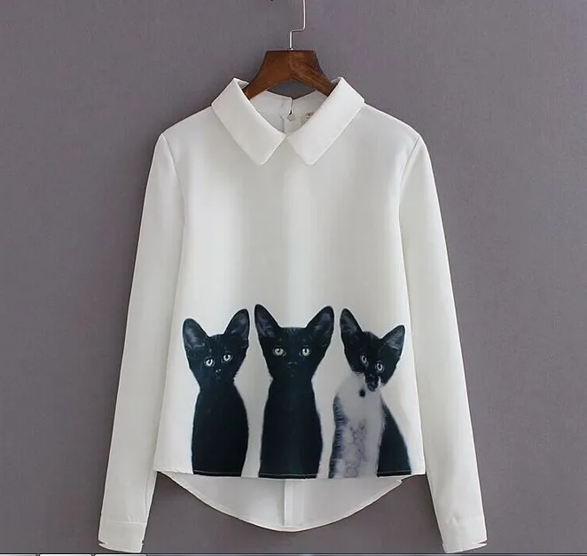 2015 Autumn New Women Fashion Sweet Three Cats Print White Chiffon Tops Blusas Long Sleeve Shirt Casual Blouses Pullovers
2015 Autumn New Women Fashion Sweet Three Cats Print White Chiffon Tops Blusas Long Sleeve Shirt Casual Blouses Pullovers