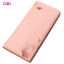 HMILY mujeres monedero de cuero genuino cartera Mujer Flor larga tarjetero cuero Real señoras dinero bolsa moneda bolsillo mujeres(China)