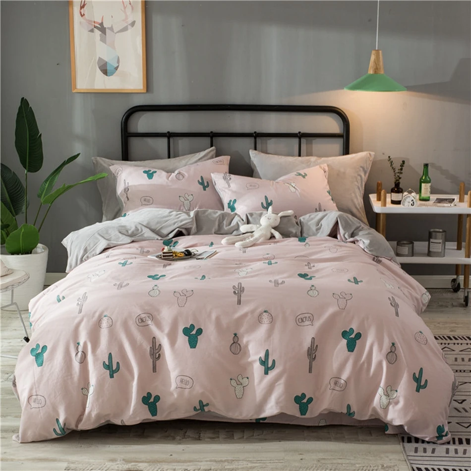 Cute Pink Quilt Cover Cactus Pattern Bedding Set Flannel Cotton