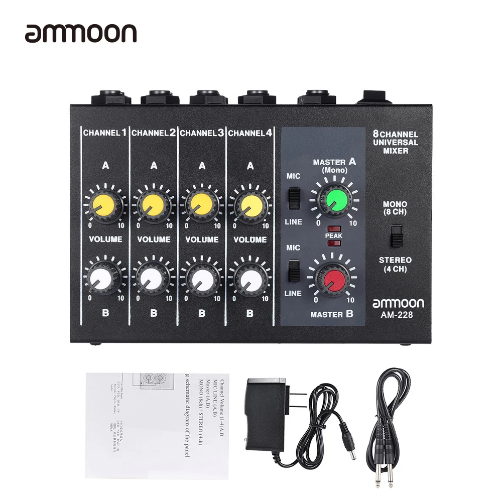 ammoon AM-228 Mixing Console Ultra-compact Low Noise 8 Channels Audio Sound Mixer Mono Stereo Mixer with Power Adapter Cable
ammoon AM-228 Mixing Console Ultra-compact Low Noise 8 Channels Audio Sound Mixer Mono Stereo Mixer with Power Adapter Cable