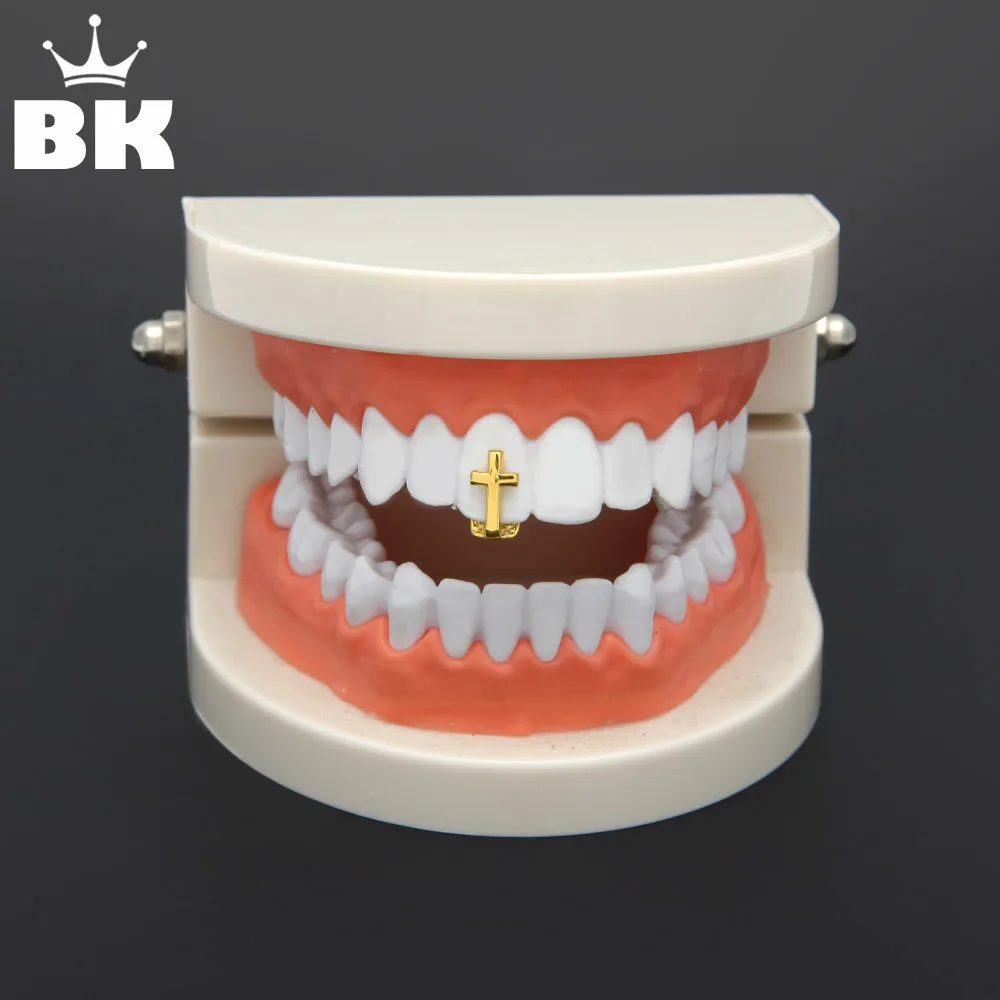 

Single Cross TeethGrillz Gold Color Canine One Tooth Grills Upper Hip Hop Top Fangs Hollow Grill