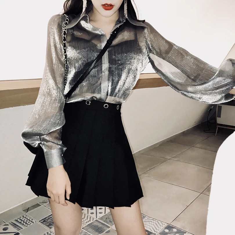 Women's Clothing New Korea loose Thin Blouses Vintage Solid Bling Lurex Turn-down Single Breasted long lantern Sleeve Shirts
Women's Clothing New Korea loose Thin Blouses Vintage Solid Bling Lurex Turn-down Single Breasted long lantern Sleeve Shirts
