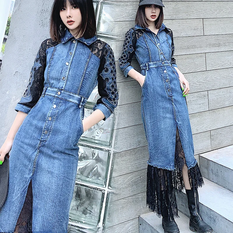 Fashion Elegant Long Denim Dress Lace Patchwork Slim Maxi Shirt Dress Autumn Jeans Dresses
Fashion Elegant Long Denim Dress Lace Patchwork Slim Maxi Shirt Dress Autumn Jeans Dresses
