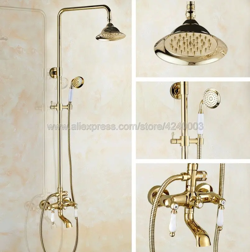Golden Brass Wall Mounted Shower Faucet Bathroom Rainfall Shower System Set Faucet Tub With Handheld Sprayer Kgf377
Golden Brass Wall Mounted Shower Faucet Bathroom Rainfall Shower System Set Faucet Tub With Handheld Sprayer Kgf377