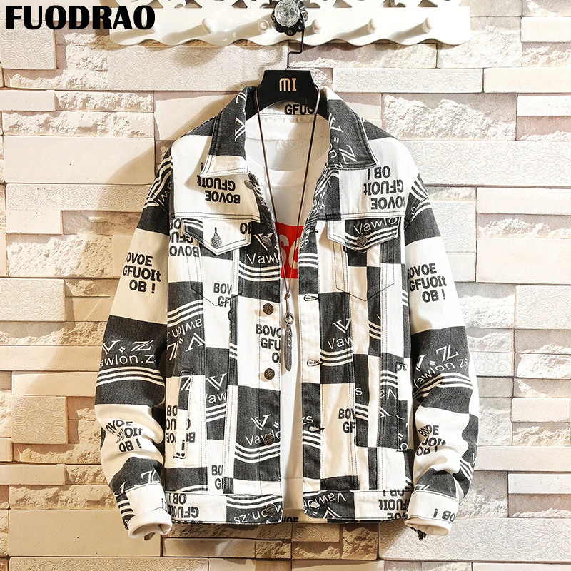 FUODRAO Denim Jacket Fashion Print Bomber Men Hip Hop Streetwear Jaqueta Masculino Japan Style Coats Male 5XL J147 | Мужская одежда