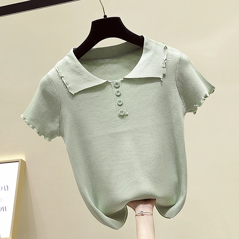 Summer 2019 Korean Women's Knitted Short Sleeve Turn Down Collar T-shirts Tops Girls Knitting Slim T Shirts Top For Female
Summer 2019 Korean Women's Knitted Short Sleeve Turn Down Collar T-shirts Tops Girls Knitting Slim T Shirts Top For Female