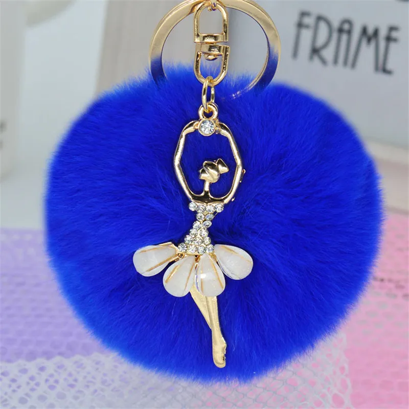 

8CM Fluffy Faux Rex Rabbit Fur Ball Key Chain Pompom Trinket Gold Color Dancer Keyring Bag Charms Ring Pompon Keychain Gift