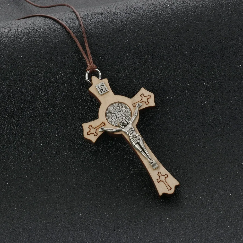Religious Jesus CSPB Jewelry Rope Chains Olive Wood Saint Benedict Medal Cross Pendant Necklace for Women INRI colar Gifts MN235
Religious Jesus CSPB Jewelry Rope Chains Olive Wood Saint Benedict Medal Cross Pendant Necklace for Women INRI colar Gifts MN235