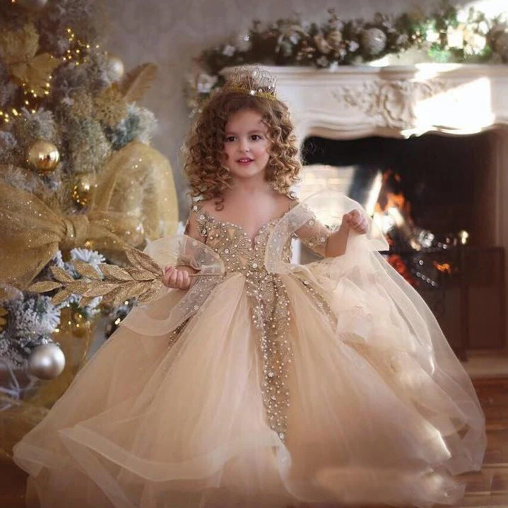 2019 Princess Gold Girls Pageant Dresses Lace Applique Beads Long Sleeve Ball Gown Flower Girl Dress Tulle First Communion Gowns
2019 Princess Gold Girls Pageant Dresses Lace Applique Beads Long Sleeve Ball Gown Flower Girl Dress Tulle First Communion Gowns