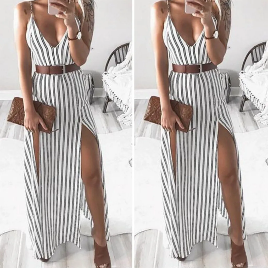 2019 Summer Dress New Fashion Women's Signature Slit Stripe Dress With Thin Shoulder Strap And V-Neck vestido mujer longo
2019 Summer Dress New Fashion Women's Signature Slit Stripe Dress With Thin Shoulder Strap And V-Neck vestido mujer longo