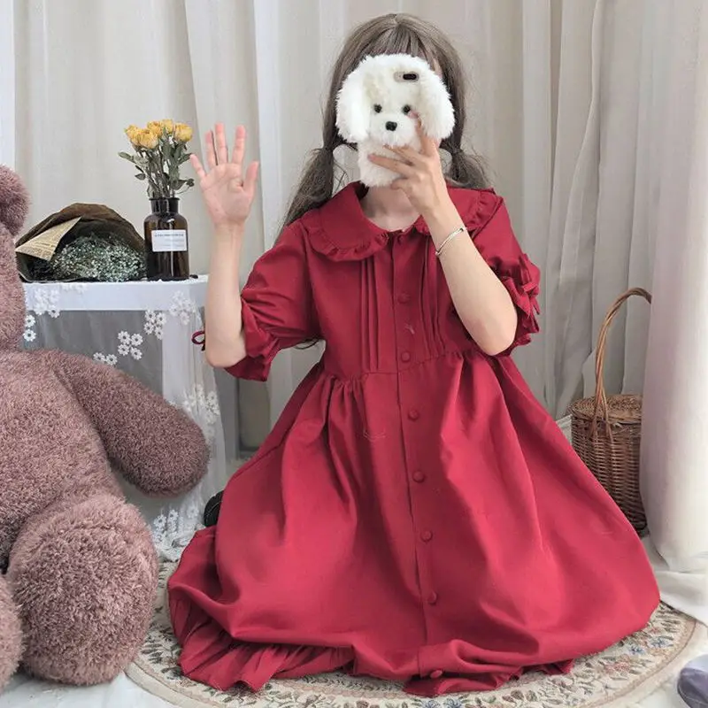 Japanese Style Sweet Bow Lace Doll Collar Ruffles Short Sleeve Cotton Kawaii Lolita Dress Mori Girl Dress Cute Women Clothes
Japanese Style Sweet Bow Lace Doll Collar Ruffles Short Sleeve Cotton Kawaii Lolita Dress Mori Girl Dress Cute Women Clothes