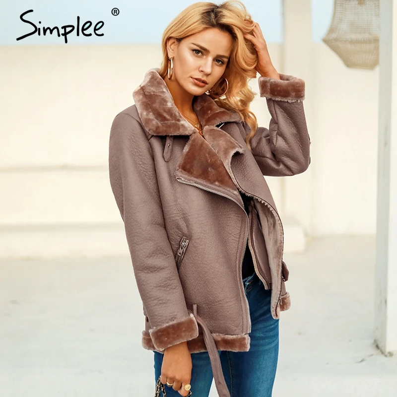 Simplee faux PU motorcycle jacket coat Women fur collar thick lambswool outwear coat Winter 2019 zipper belt coat parka mujer
Simplee faux PU motorcycle jacket coat Women fur collar thick lambswool outwear coat Winter 2019 zipper belt coat parka mujer