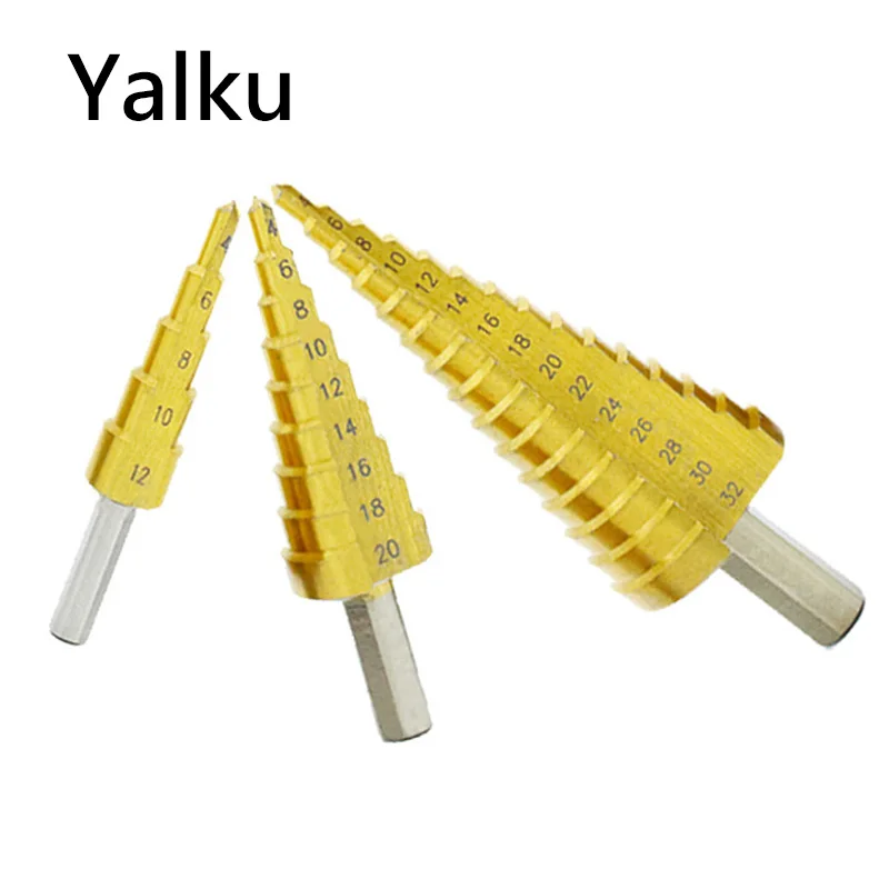 Yalku Metal Drill Bits HSS Steel Large Step Cone Titanium Coated Step Drill Bits Cut Power Tool Set Hole Cutter 4-12/20/32mm
Yalku Metal Drill Bits HSS Steel Large Step Cone Titanium Coated Step Drill Bits Cut Power Tool Set Hole Cutter 4-12/20/32mm