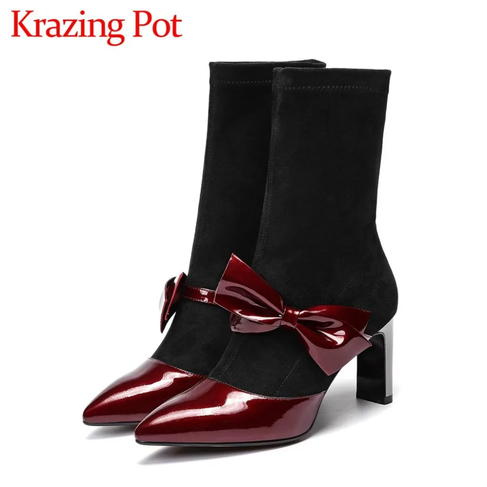 2018 movie stars sweet butterfly-knot high strange heels slip on fairy cow patent leather pointed toe runway mid-calf boots L53
2018 movie stars sweet butterfly-knot high strange heels slip on fairy cow patent leather pointed toe runway mid-calf boots L53