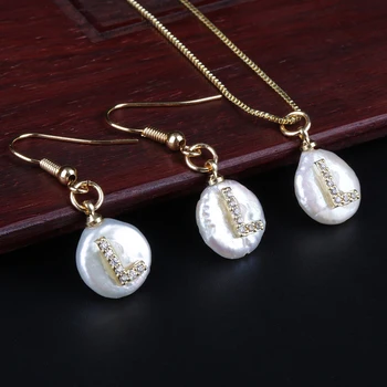 pave white CZ initial 26 alphabet letter charm freshwater pearl beads pendants choker drop earring jewelry sets for women