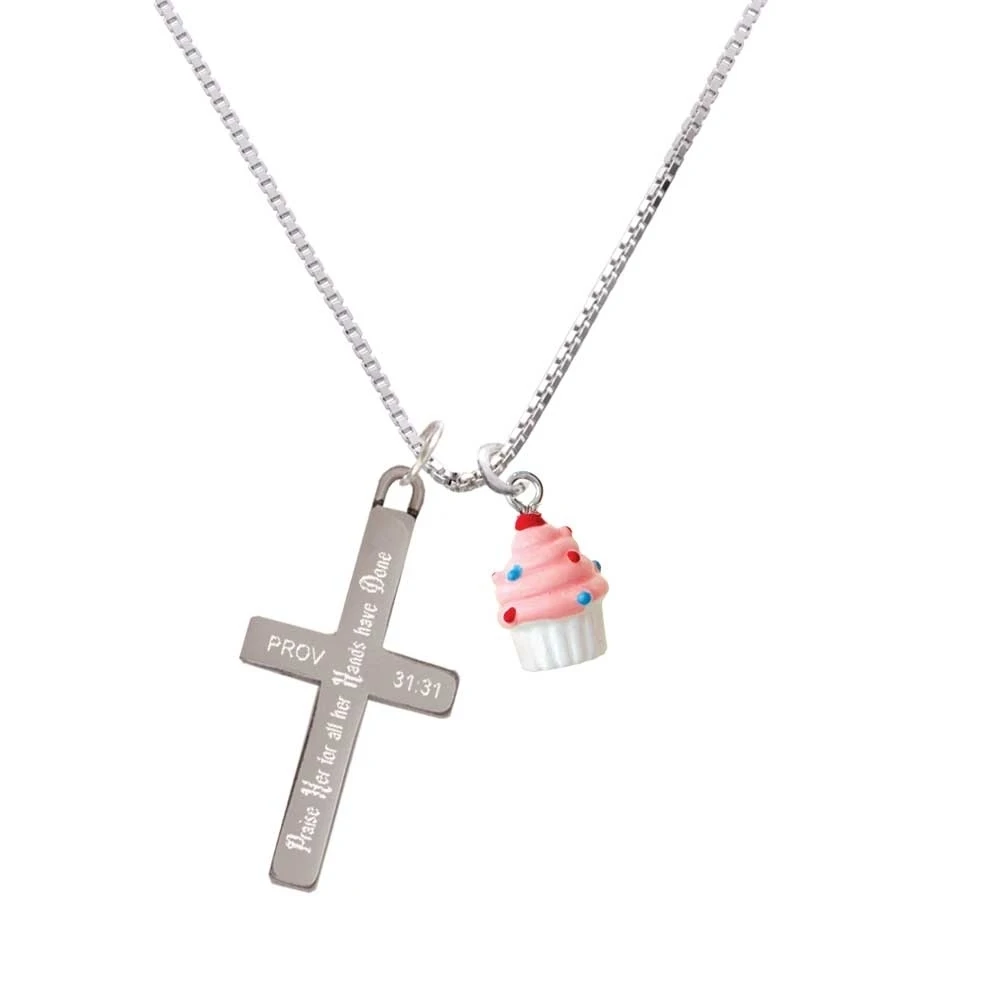 Resin Mini White Cupcake with Pink Frosting - Praise Her - Cross Necklace