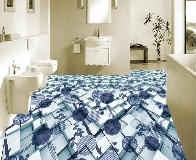 customize pvc flooring self adhesive wallpaper 3d floor Abstract blue floral photo mural 3d floor tiles wallpaper