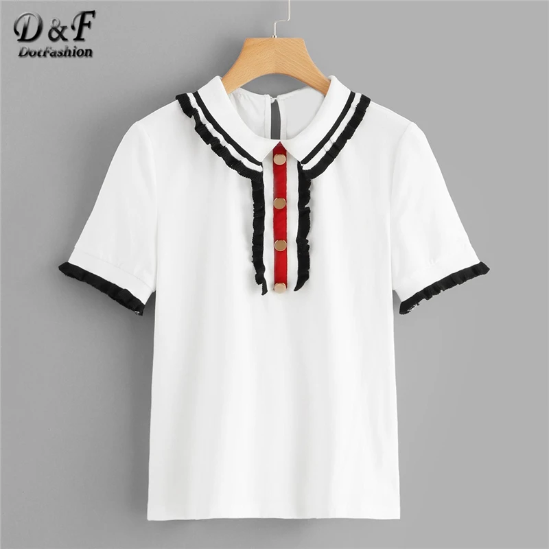 Dotfashion White Striped Frill Trim Button Front Tee Women 2019 Summer Casual Short Sleeve Clothing Womens T Shirt Tops T-Shirt
Dotfashion White Striped Frill Trim Button Front Tee Women 2019 Summer Casual Short Sleeve Clothing Womens T Shirt Tops T-Shirt
