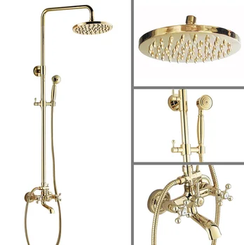 Luxury Polished Gold Color Brass Dual Cross Handles Bathroom Round Rain Shower Faucet Set Bath Tub Mixer Tap Wall Mounted mgf342
Luxury Polished Gold Color Brass Dual Cross Handles Bathroom Round Rain Shower Faucet Set Bath Tub Mixer Tap Wall Mounted mgf342