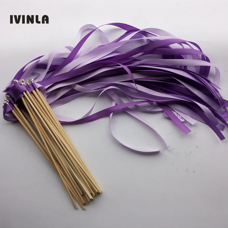 

Hot selling 50pcs/lot purple wedding ribbon wands with gold bell