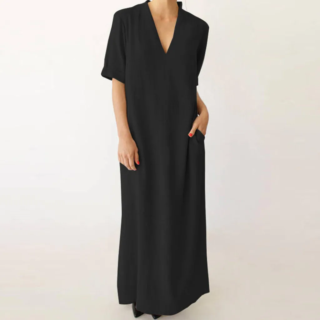 Women's cotton linen large size dress solid color short-sleeved V-neck open long loose dress casual beach home dress wild #G4
Women's cotton linen large size dress solid color short-sleeved V-neck open long loose dress casual beach home dress wild #G4